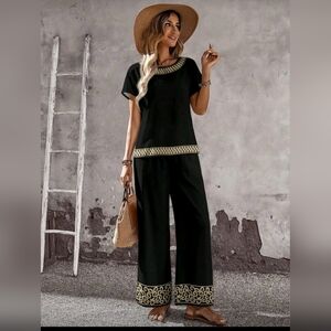 Chic Black and Gold Women's Wide Leg Pants Set